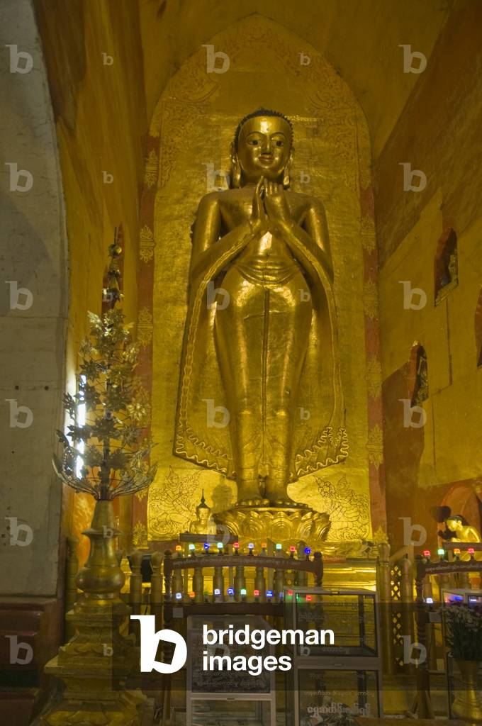 Mon architecture, golden Buddha Statue, Ananda Paya Temple, Old Bagan,  Myanmar
