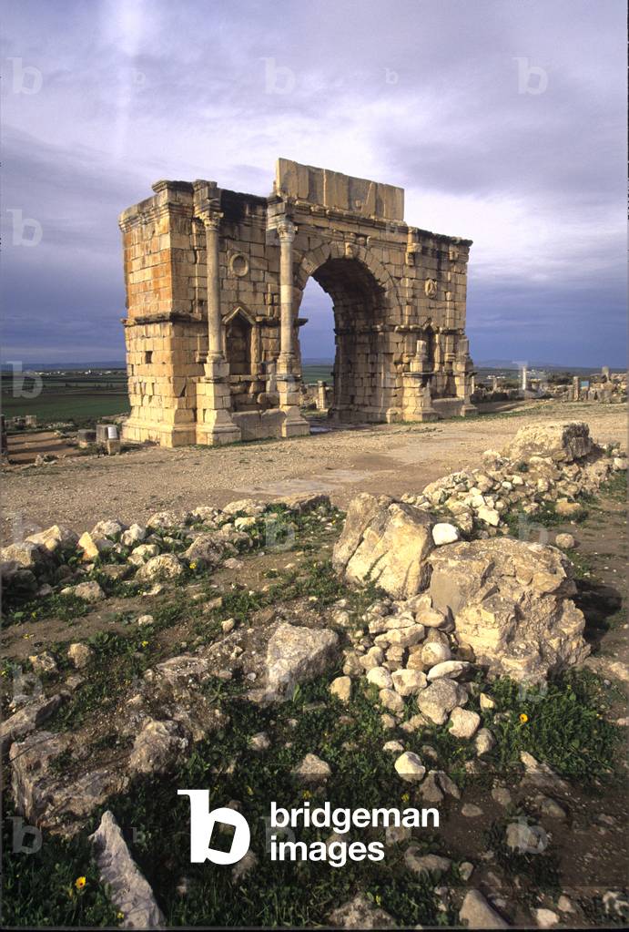 Volubilis, 2-3C, view of Triumphal Arch, 217 AD. Roman site. Morocco