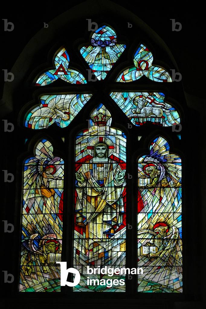 UK, Gloucestershire, Hartpury, St Mary the Virgin Church (11th century) Church of England, modern stained glass (2002) of Christ with four symbolic evangelists