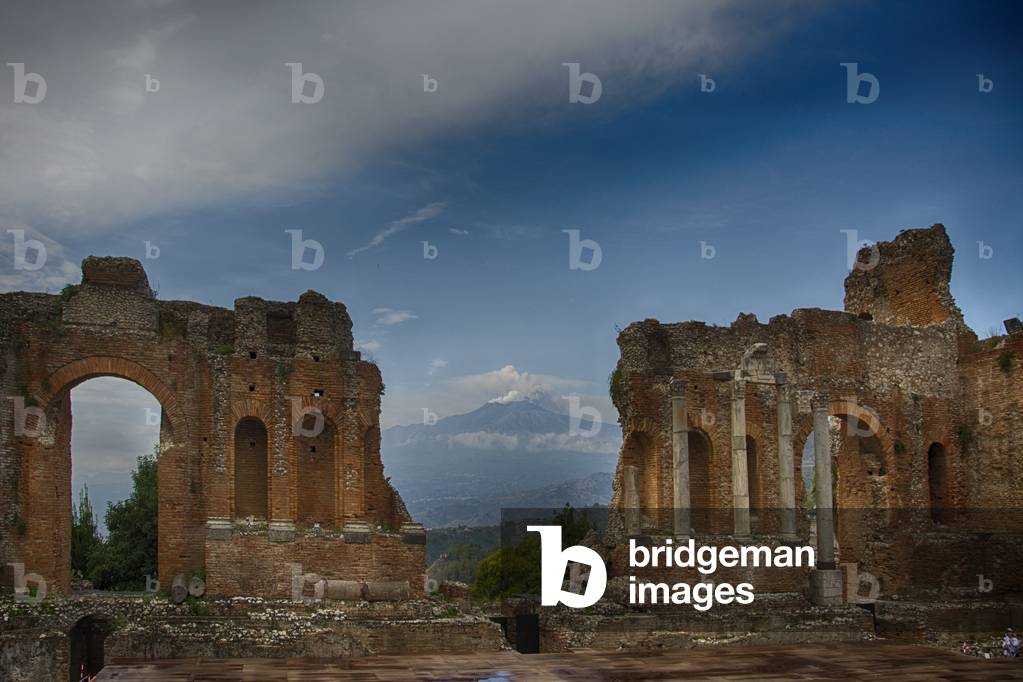 Greek Theatre (Teatro Greco, third century BC) with Mount Etna in background, Taormina, Sicily, Italy (photo)