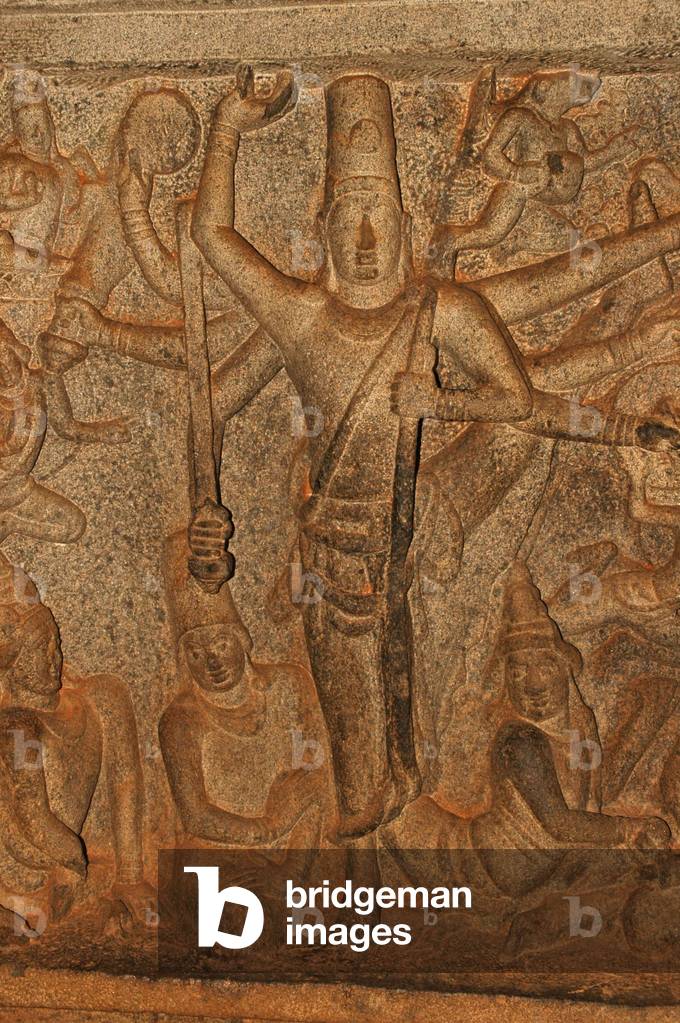 Mammallapuram relief, Tamil Nadu, Trimuti Cave Temple, Brahma, Vishnu, Shiva, India.