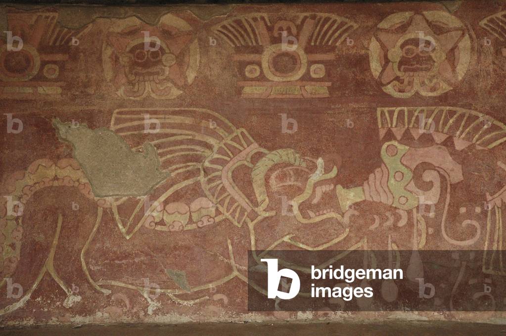Mexico, Mexico City, Teotihuacan (1st century AD), Temple of Quetzalpapalotl, fresco of Jaguar playing trumpet asking Gods for rain