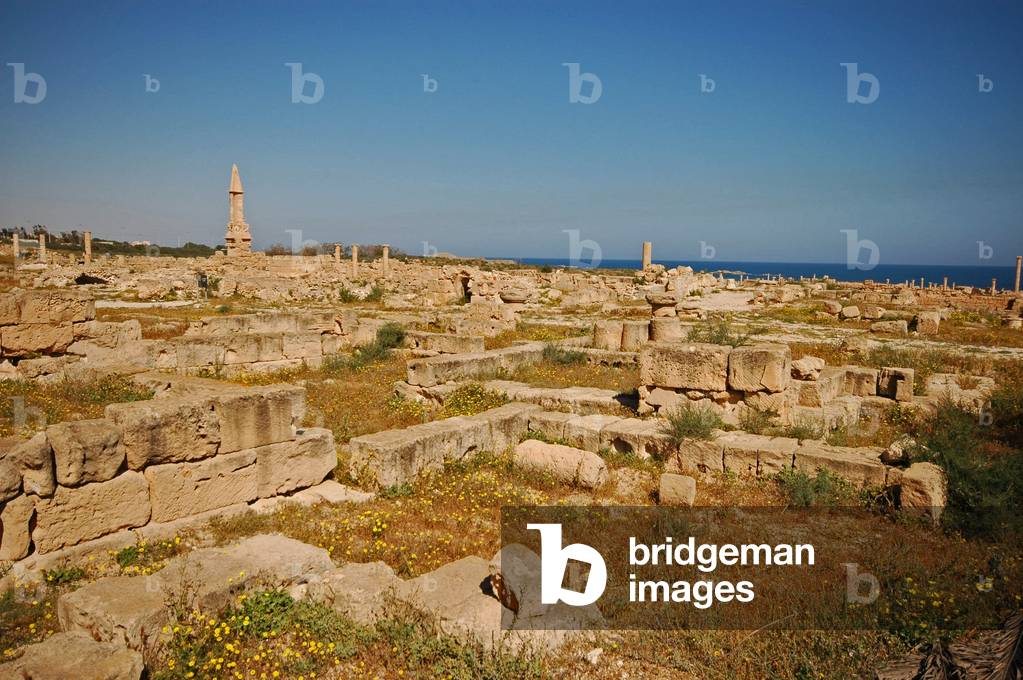 Libya, Sabratha (4th century Bcentury), view left of Byzantine Gate showing spire of Mausoleum of Bes