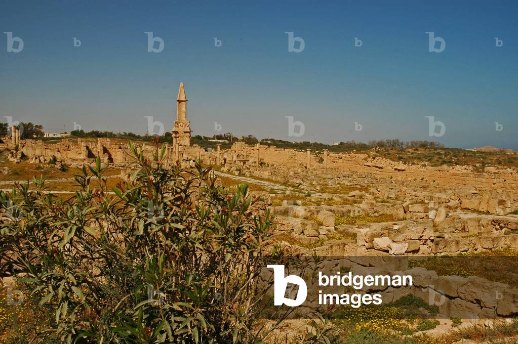 Libya, Sabratha (4th century Bcentury), view left of Byzantine Gate showing spire of Mausoleum of Bes