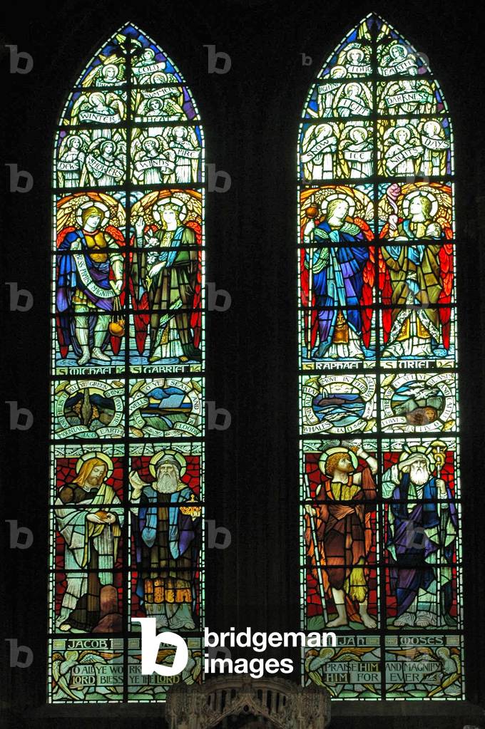 UK, Worcester, Anglican Cathedral Church of Christ and the Blessed Virgin Mary, stained glass featuring Jacob, Samuel, Elijah, Moses, St Michael, St Gabriel, St Raphael, St Oriel