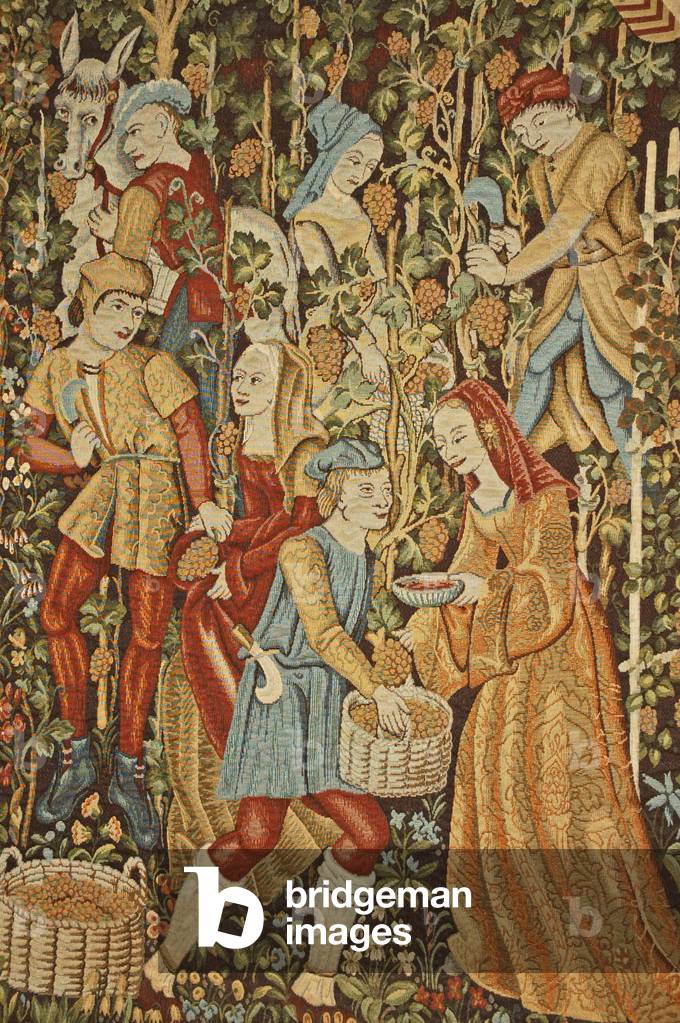 Oporto, Vila Nova de Gaia, wall hanging showing grape harvesting and juice extraction in the Ferreira Port House