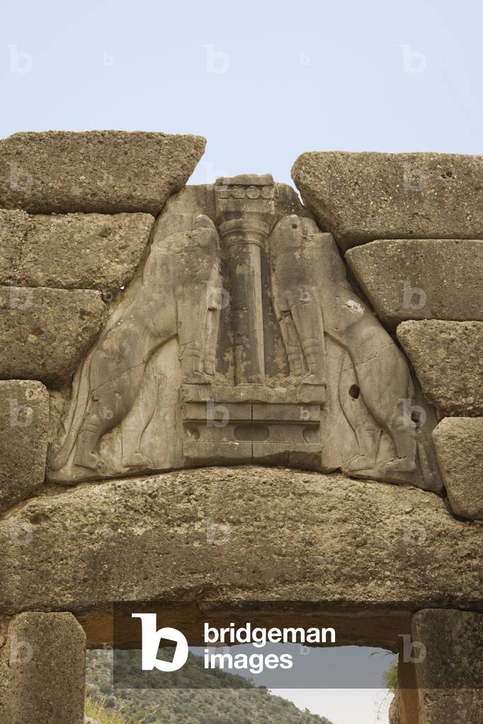 Lions Gate symbol above archway entrance to the Bronze Age citadel of Mycenae (circa 1240 BC), Mycenae, Peloponnese, Greece (photo)
