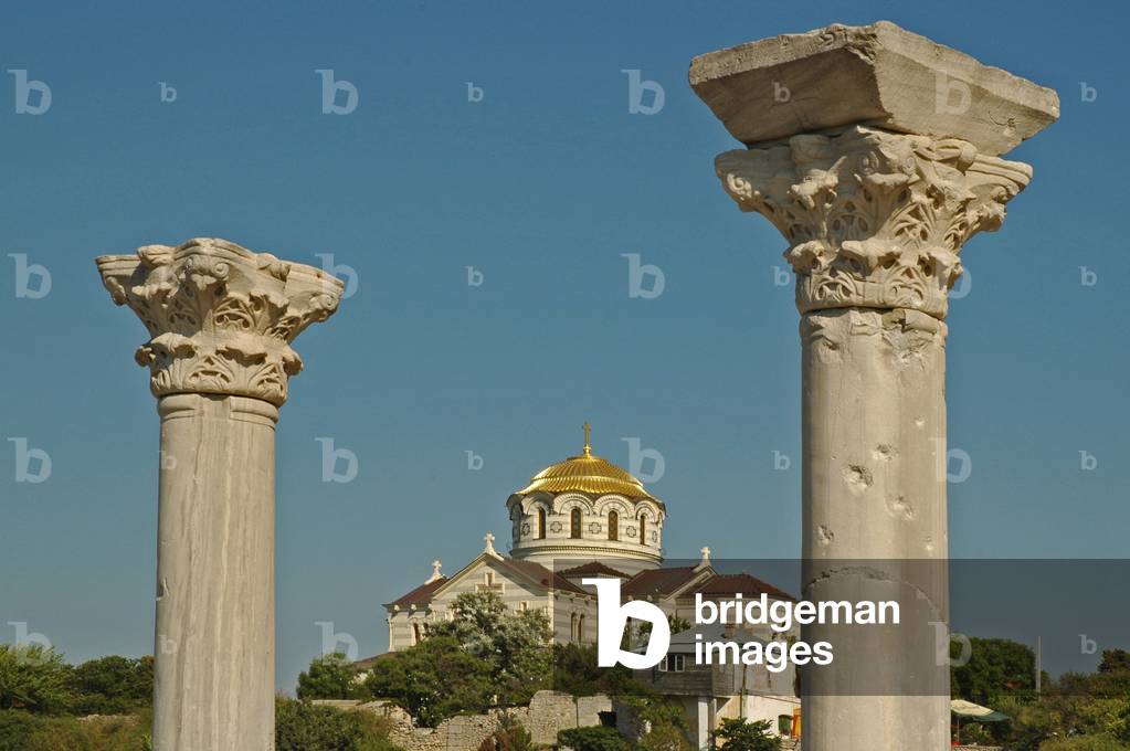 Ukraine, Sevastapol, Chersonesus (422 Bcentury), view of Cathedral from site of early Christian Church