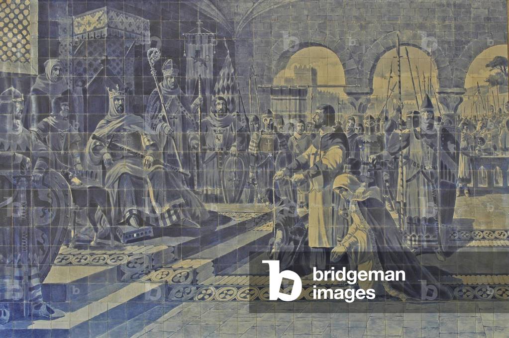 Oporto, Sao Bento Train Station, historic scene in blue tile work Portugal,