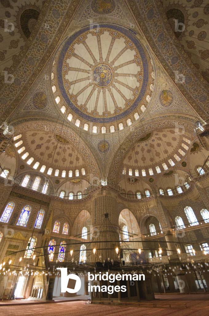 Interior of Blue Mosque, constructed by Sultan Ahmet I, featuring ceiling decoration, Istanbul, Turkey, Europe-Asia,