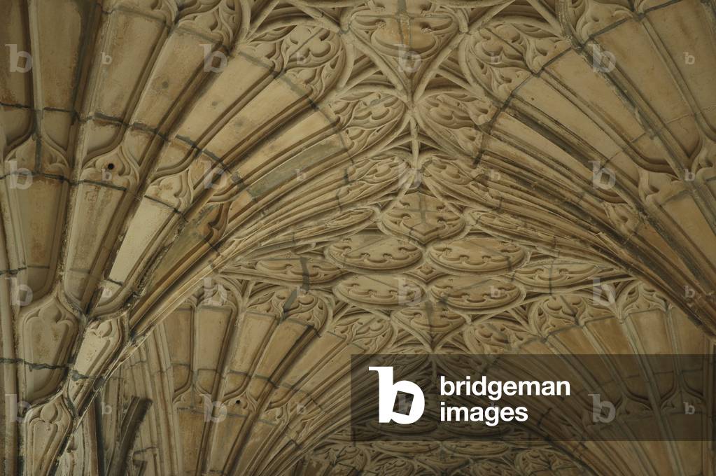 UK, Gloucestershire, Gloucester century of E Cathedral of St Peter, decorative cloister ceiling with column tops