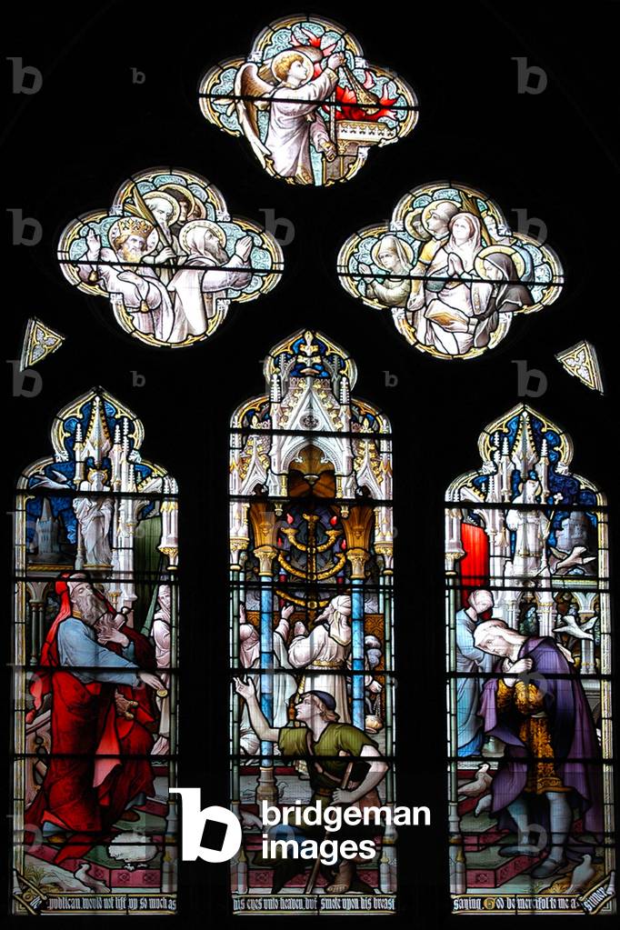 UK, Gloucestershire, Tewkesbury, Tewkesbury Abbey,Church of England, stained glass, repentance of the taxpayer