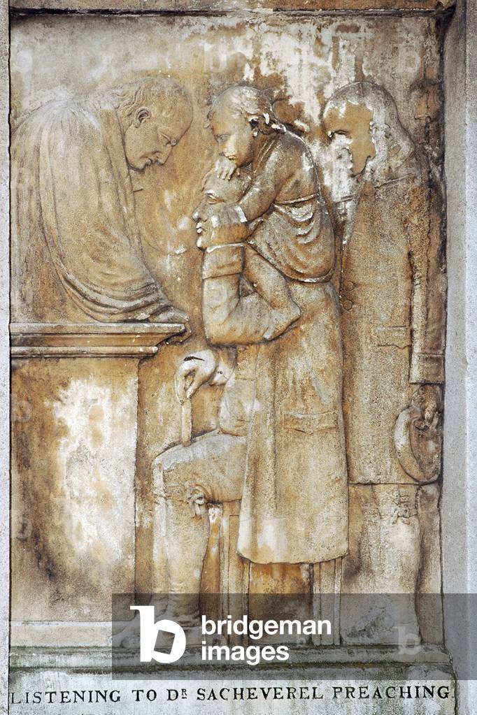 UK, Staffs, Lichfield, memorial to Dr Johnson showing Dr Sacheverel preaching