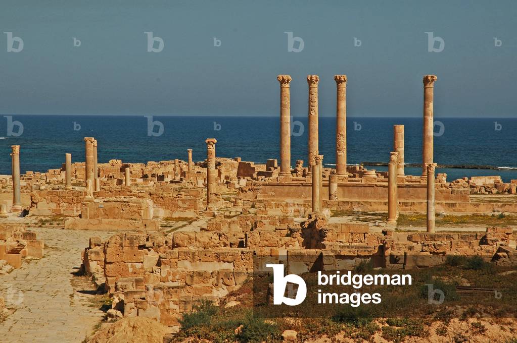 Libya, Sabratha (4th century Bcentury), view from Byzantine Gate showing Antonine Temple (166 AD) at edge of the sea