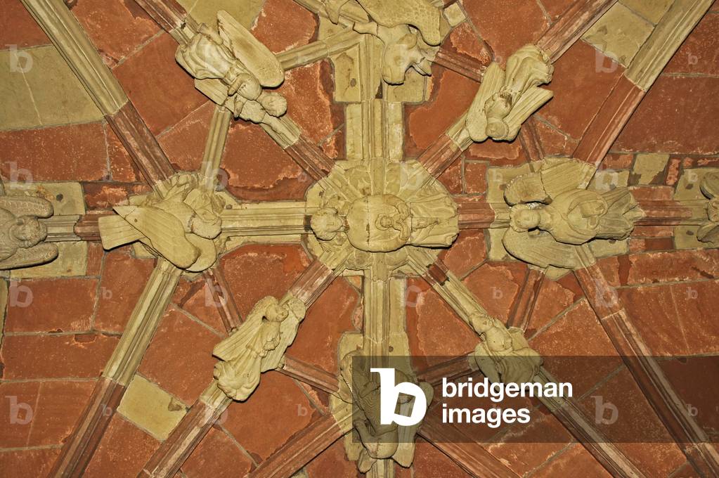 UK, Worcester, Anglican Cathedral Church of Christ and the Blessed Virgin Mary. Virgin quadrangle, angel decoration on ceiling