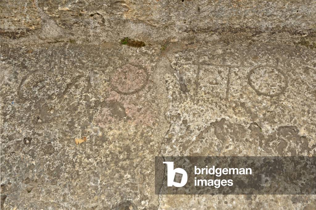 Roman theatre, ancient carvings of names to denote owners of seats,  Ohrid,  Macedonia, Europe