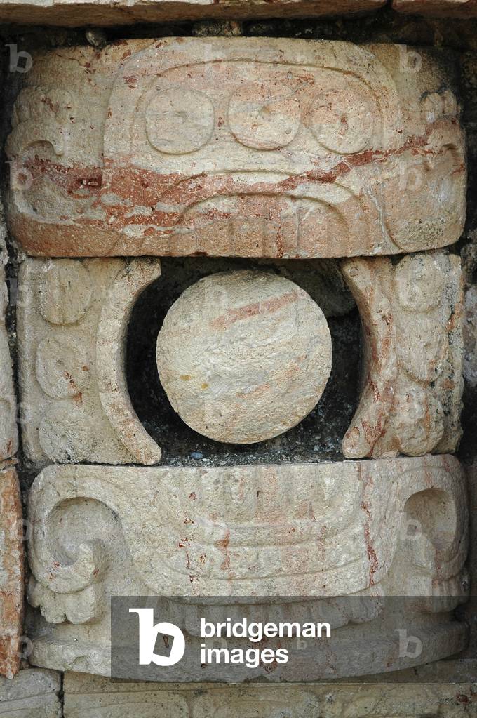 Mexico, Yucatan, Kabah (750 AD), Palace of the Masks, Chac Mool, rain god statue, eye piece