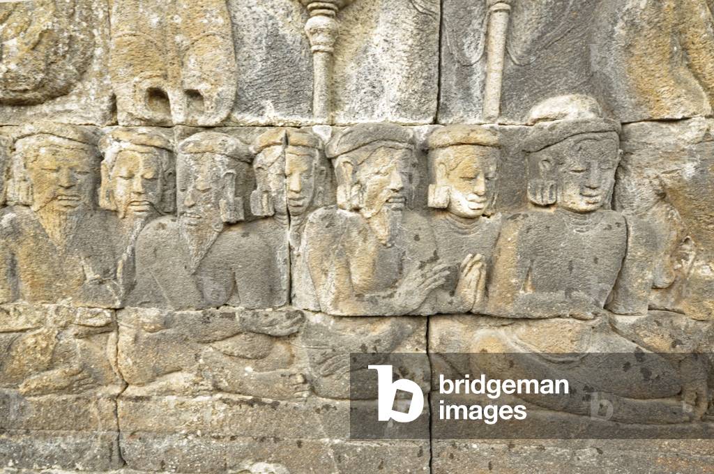 Indonesia, Java, Borobudur, Borobudur Buddhist Temple (Sailendra Dynasty, 750-850 AD), latticed stupas, each containing a statue of Buddha, on the top three circular terrace