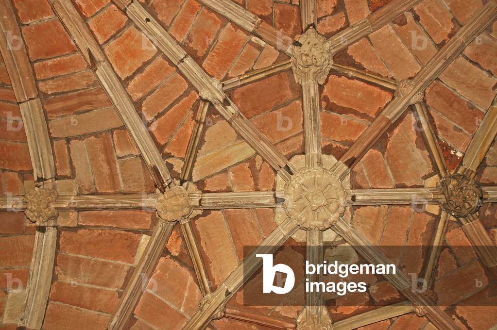 UK, Worcester, Anglican Cathedral Church of Christ and the Blessed Virgin Mary the Virgin quadrangle, angel decoration on ceiling