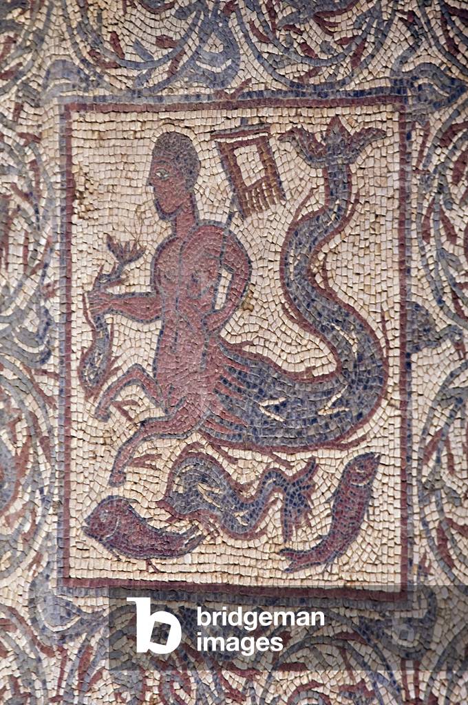 Europe, Portugal, Conimbriga, 1st Century AD Roman site, House of the Fountains, mosaic floor. Half man with animal legs and fish tail, holding fish.