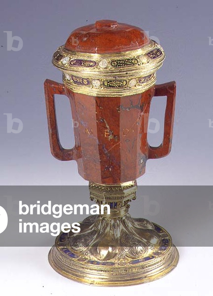 Venezianische Tasse mit zwei Griffen und Deckel aus antikem Jaspis und Florentiner Renaissance-Fassung (Jaspis