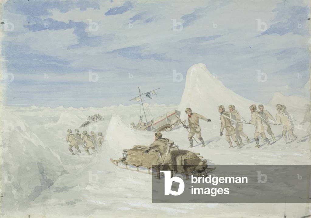 Captain Markham's northern detachment being assisted back to their ship, 1876 (watercolour on paper)