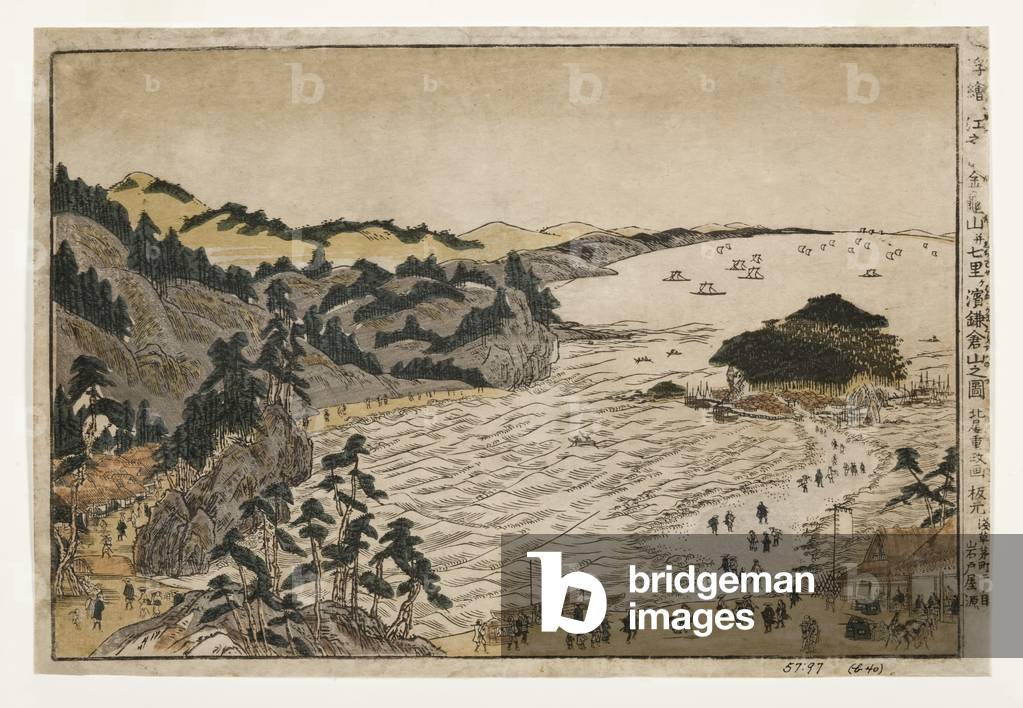 View of the Golden Turtle Hill at Enoshima and Shichiri Beach from Kamakura Mountains, 1783-90 (woodblock)