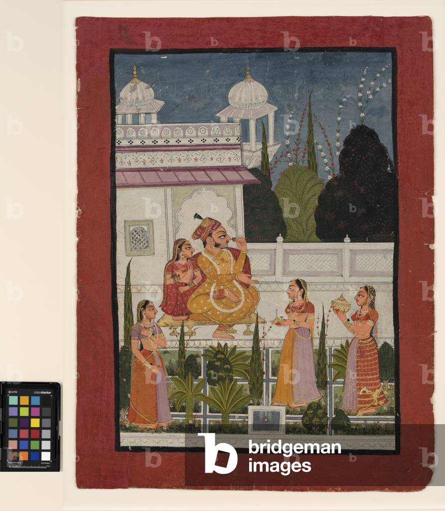 A raja on a terrace with his rani, attended by three women, late 18th century  (opaque w/c on paper)