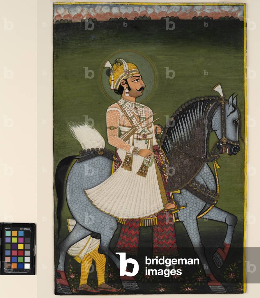 A thakur of Jhilai on horseback, 1760-70  (opaque w/c and gold on paper)