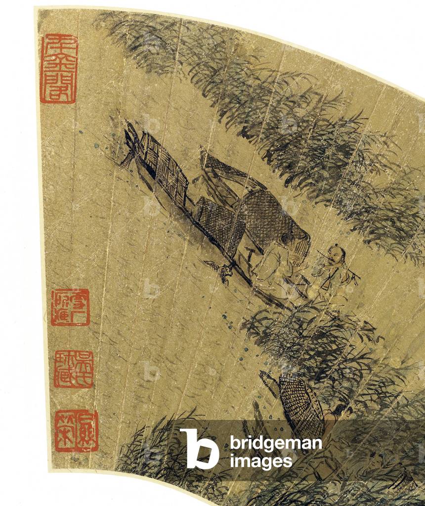 Detail of Fishermen in Boats, Reveling on the Edge of a River (ink & colour on gold paper)