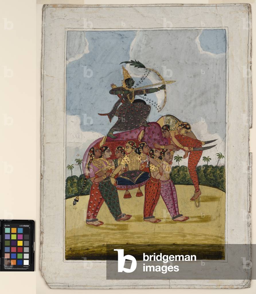 An elephant, composite, made up of dancing women serves as a mount to an archer, c.1825 (opaque w/c and gold on paper)