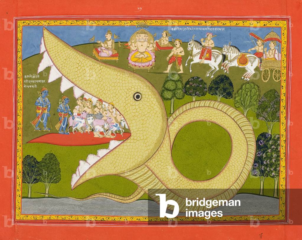 Krishna and the cowherds enter Agasura's mouth, c.1800 (opaque w/c & gold on paper)