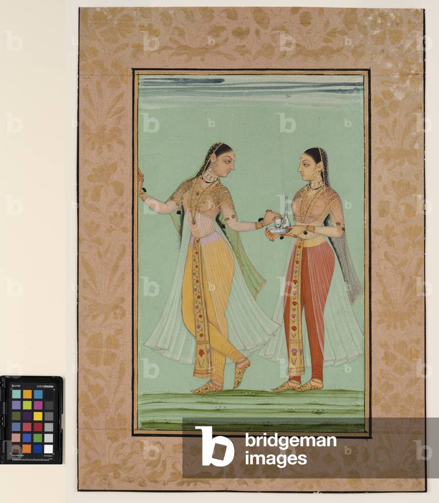 A standing lady offered a tray by her maid, c.1670  (opaque w/c and gold on paper)