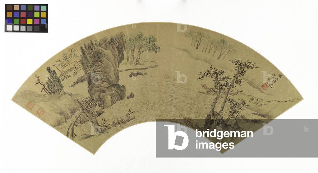 Landscape with Men and Donkey being ferried across a River (ink & colours on gold paper)