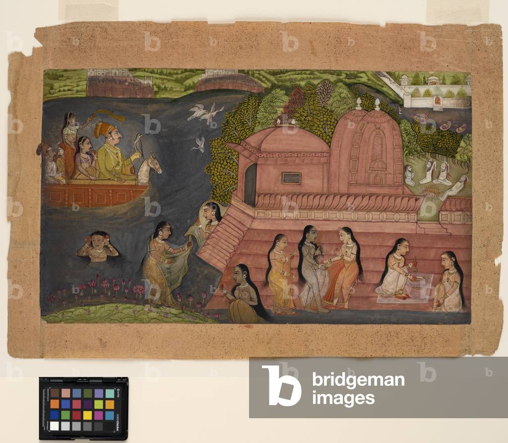 A Raja hawking from a boat comes upon bathing beauties by a temple, c.1695  (opaque w/c and gold on paper)