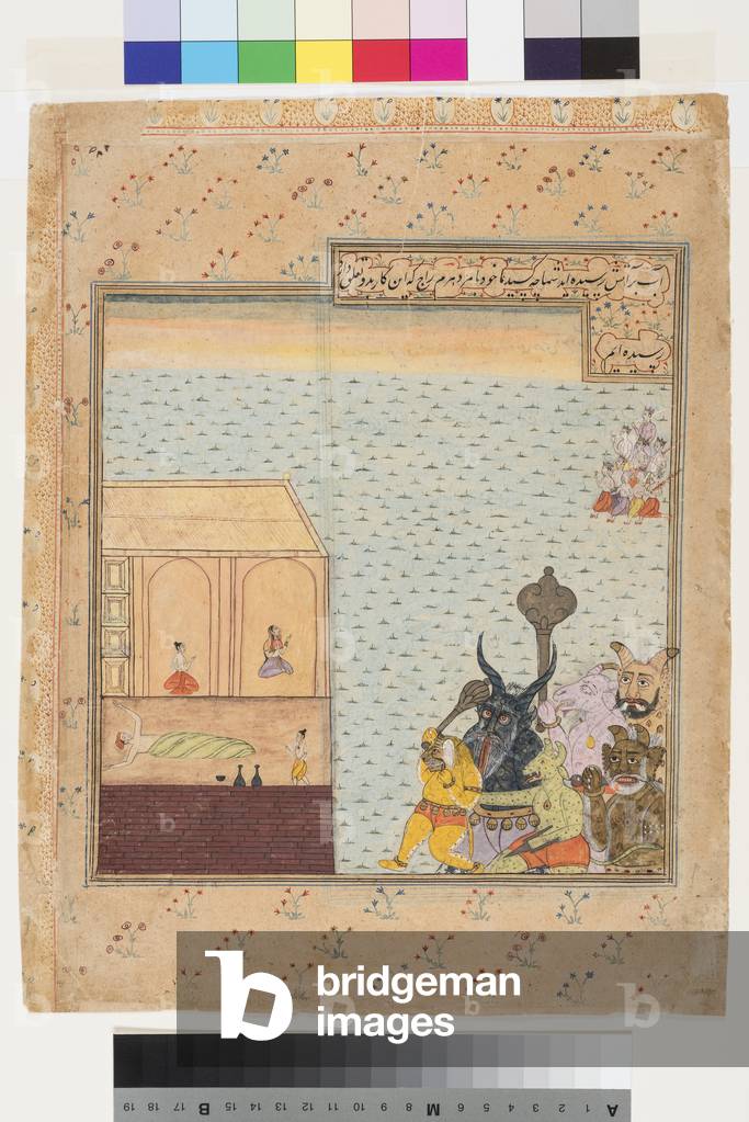 Six demons and nine gods approach a house where a man sleeps, c.1625 (opaque w/c & gold on paper)