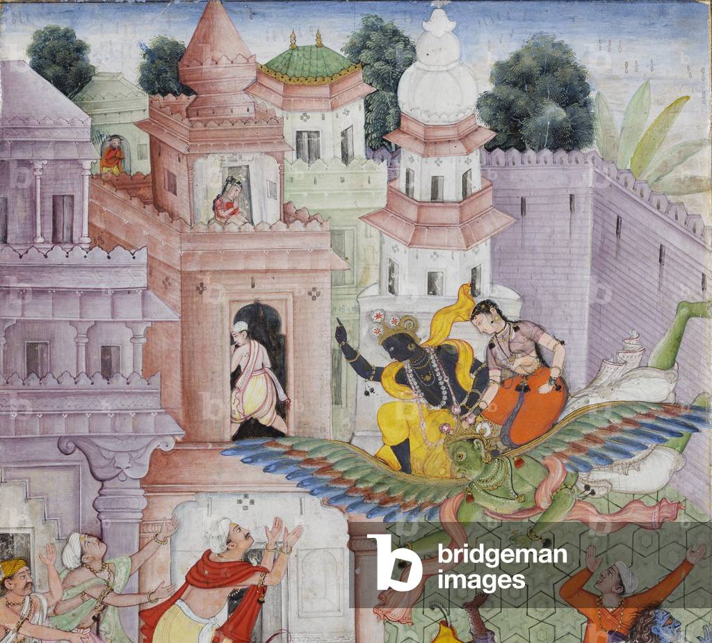 Detail from Krishna Cleaves the Demon Narakasura with his Discus, c.1585-90 (opaque w/c & gold on paper)