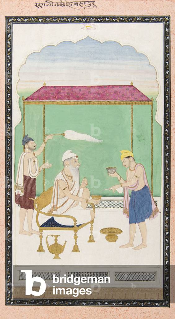Ranjit Singh seated on a gold chair, attended by a morchal-bearer, c.1830 (opaque w/c & gold on paper)