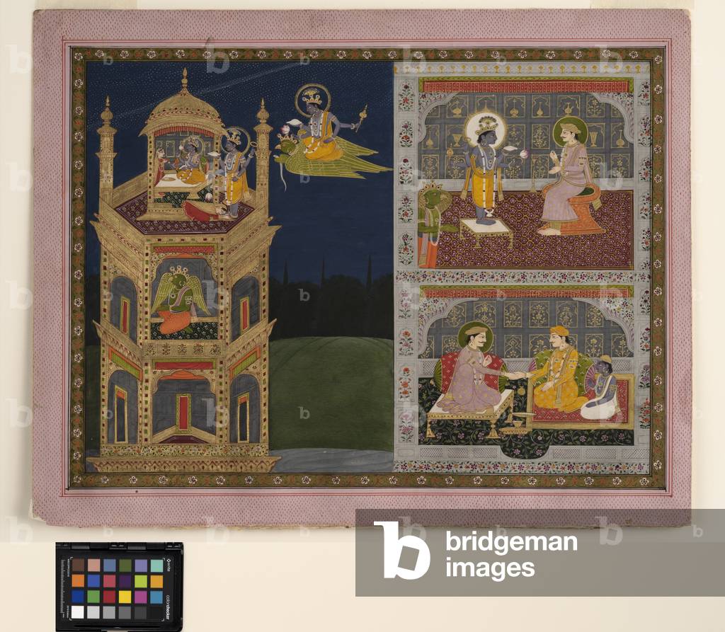 Vishnu approaches a golden tower on Garuda, c.1825  (opaque w/c and gold on paper)
