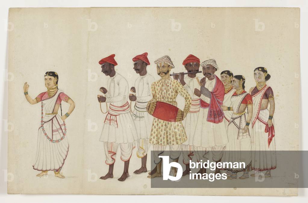 Four female dancers in procession with musicians, c.1830 (opaque w/c & gold on paper)