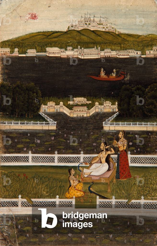 A beautiful woman on a lake terrace, c.1770 (opaque w/c & gold on paper)