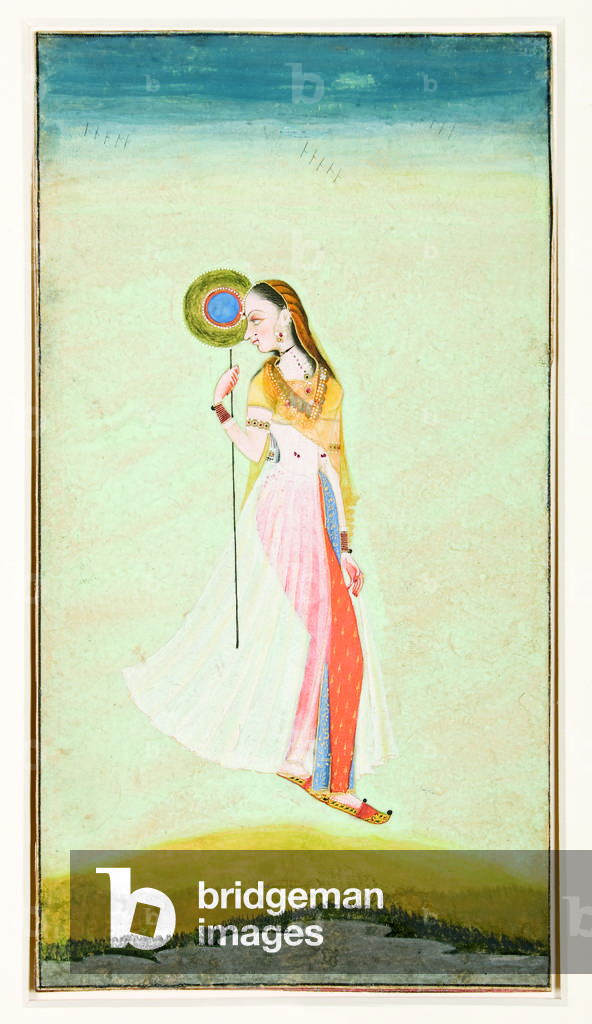Najar picture of a woman holding a fan and looking backwards over her shoulder, 1722 (opaque w/c & gold on paper)