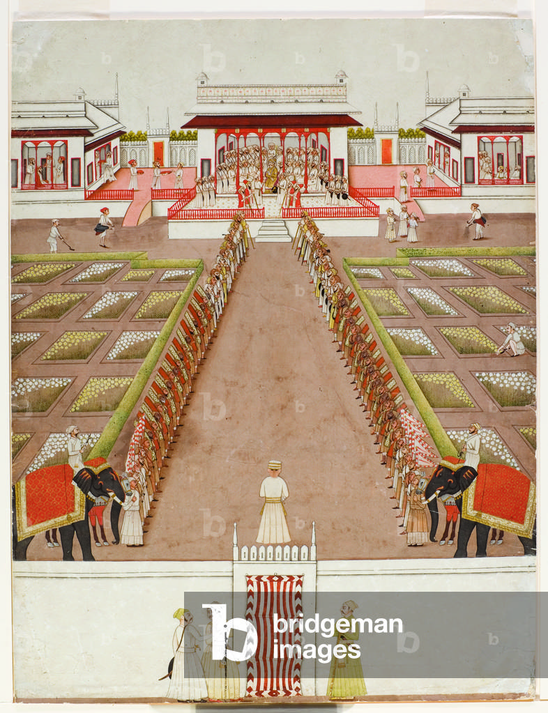 A Nawab holding court within a pavilion, beyond an avenue of retainers and two elephants, c.1765 (opaque w/c & gold on paper)