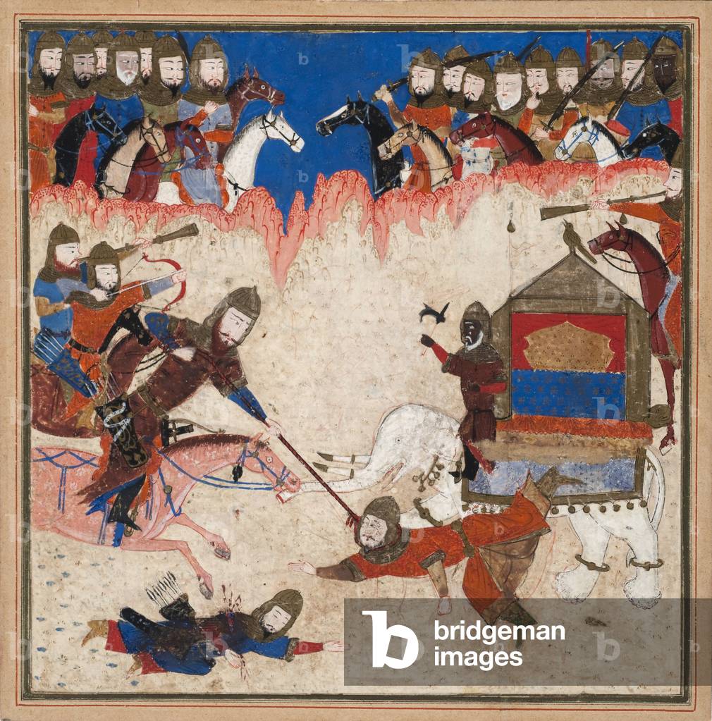Rustam lassos the Khaqan of China and pulls him from his elephant, c.1450 (opaque w/c & gold on paper)
