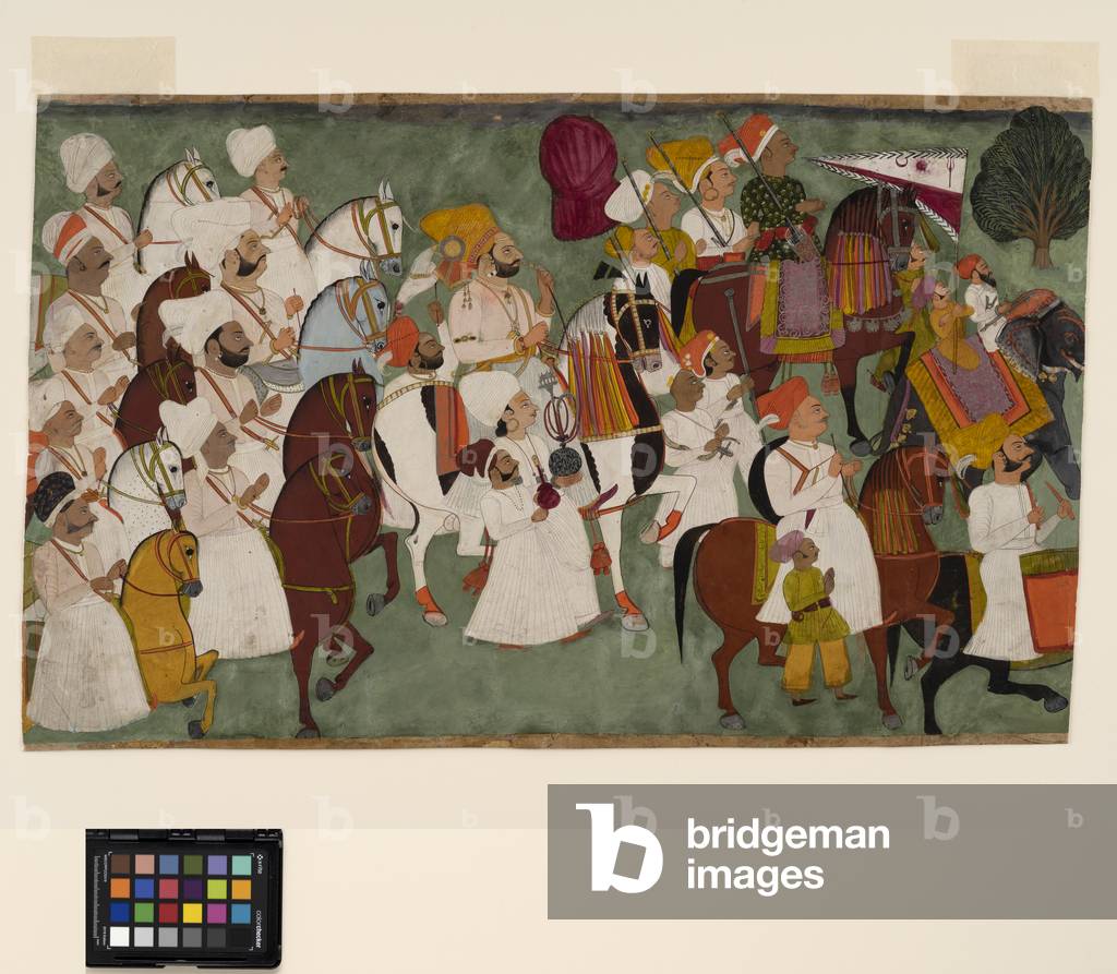 Akhi Singh riding with his entourage, c.1750 (opaque w/c and gold on paper)