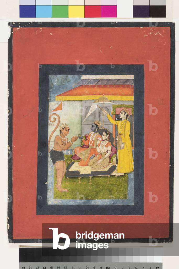 Rama and Sita enthroned, adored by Hanuman; Lakshmana holds a morchal, c.1780 (opaque w/c & gold on paper)
