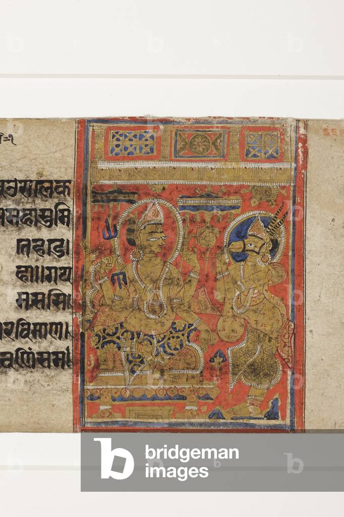 Indra orders Hanjhaigansesin to transfer the embryo, from the Kalpasutra (opaque w/c & gold on paper)