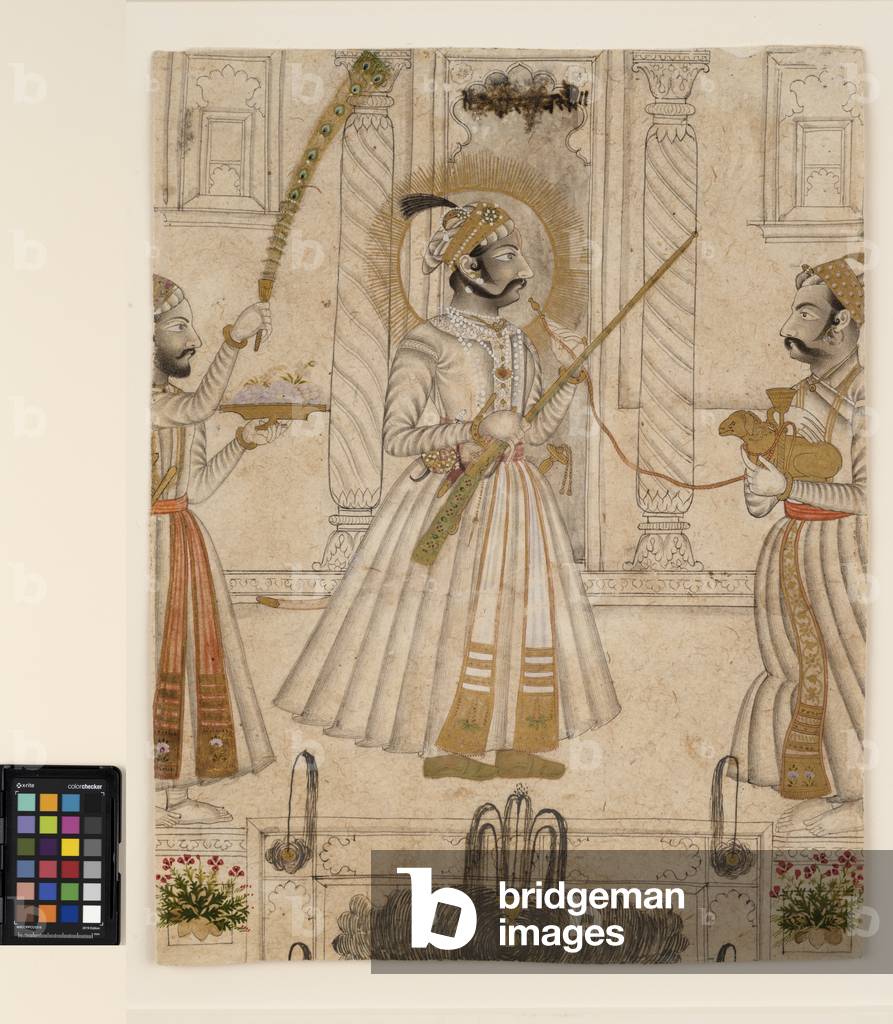 Maharana Amar Singh II smoking a sheep-shaped hookah, c.1705  (opaque w/c and gold on paper)