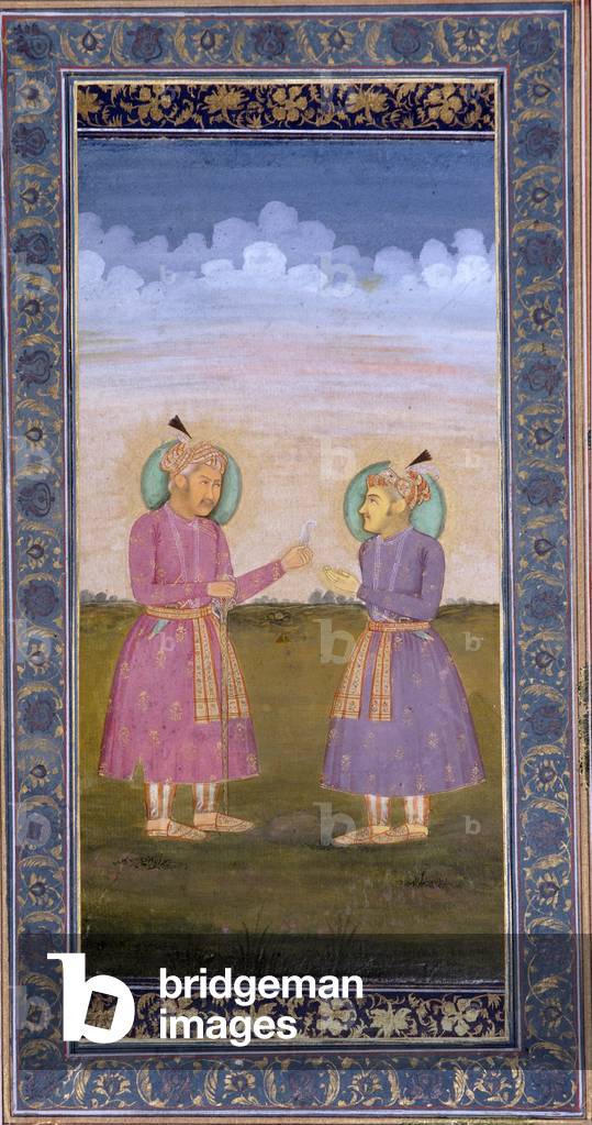 Akbar hands a jeweled feather to his son Jahangir, c.1845 (opaque w/c & gold on paper)