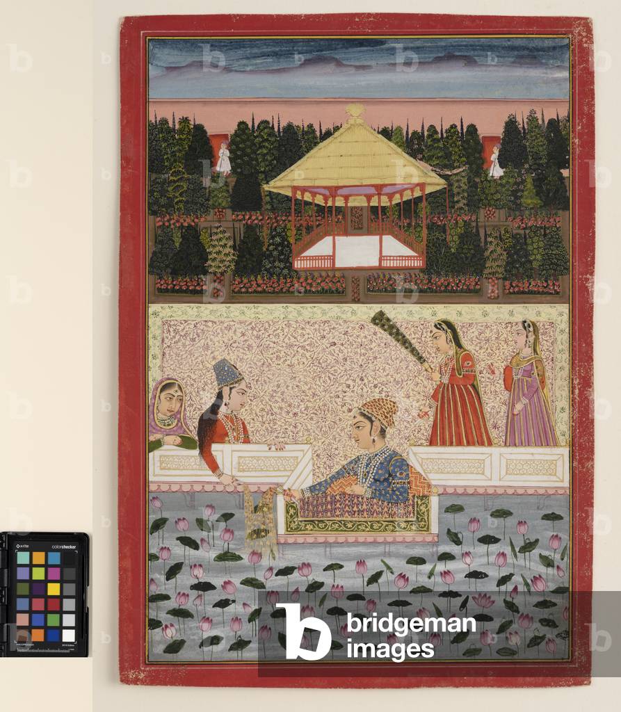 A prince and princess play with sparklers by a lotus pool, c.1760  (opaque w/c and gold on paper)